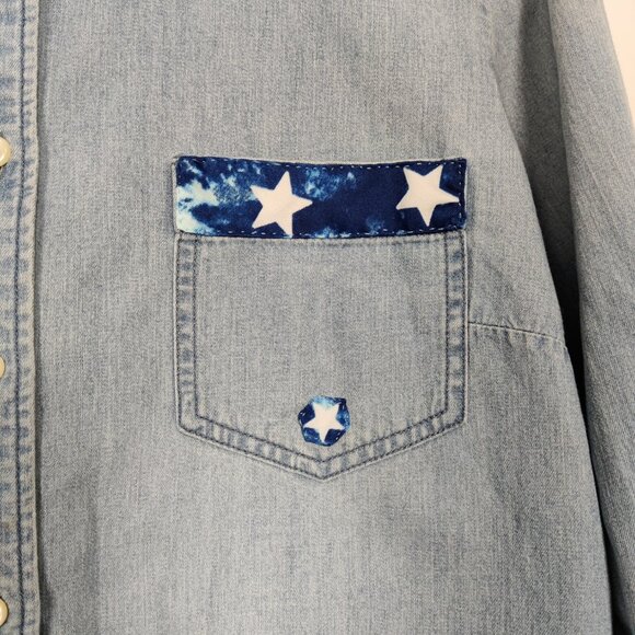 J. Crew Women's Shirt Size L Blue White Stars Cotton Patchwork Western Cowgirl - Picture 4 of 11